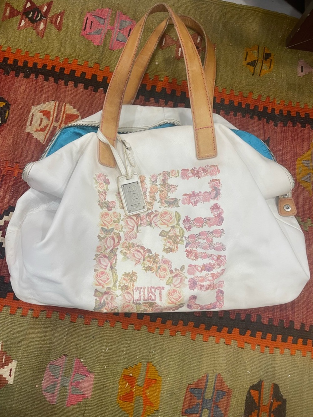 Roberto Cavalli White Floral-Print Tote with Tan Handles and Blue Trim